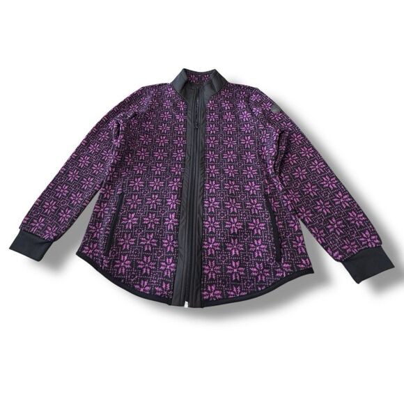 Talbot’s Geo Snowflake Cozy Woven Trim Jacket Purple Black Full Zip Women’s Sz M - Picture 2 of 12